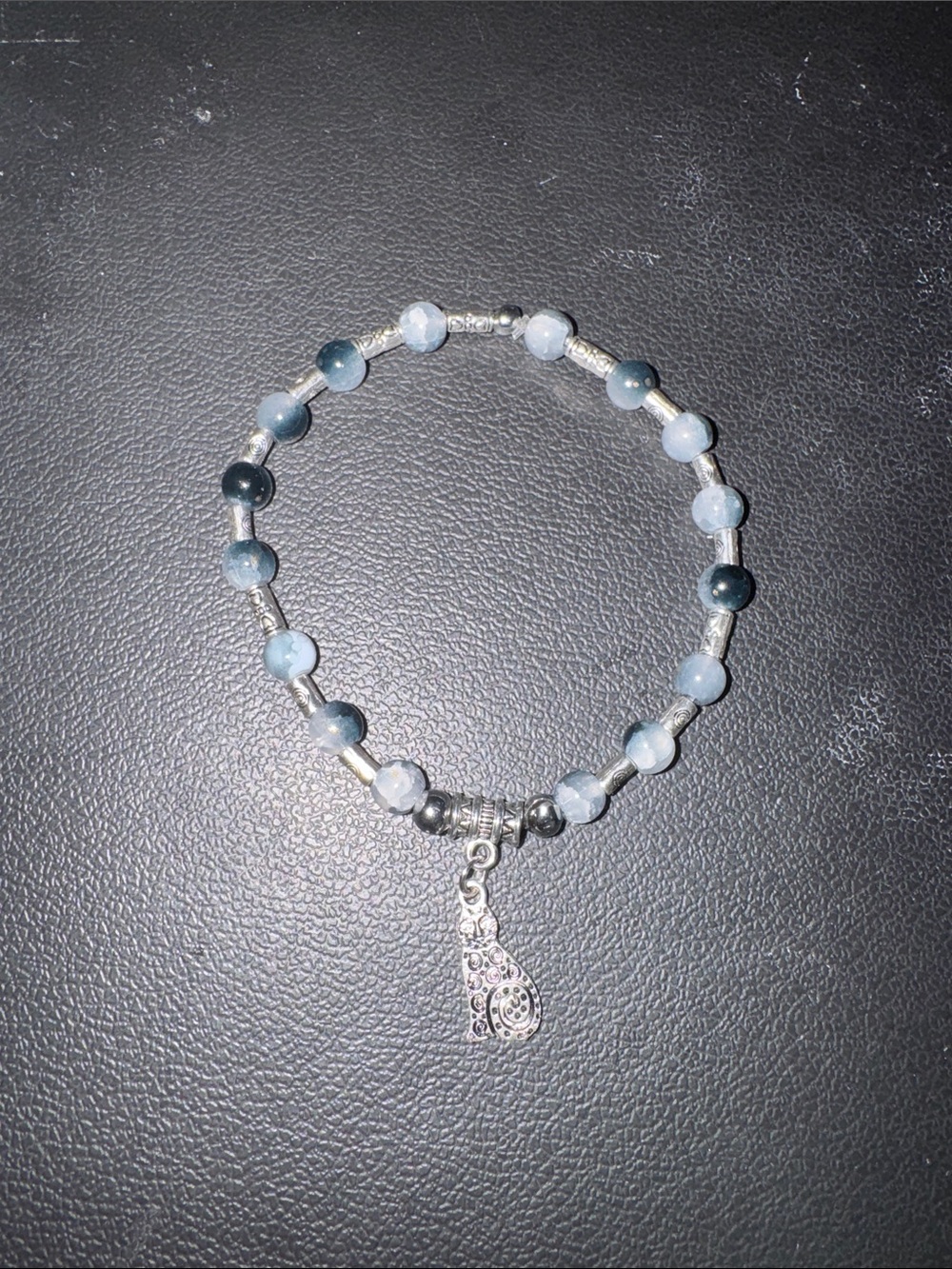 Handmade Silver Cat Charm Bracelet with Blue Beads